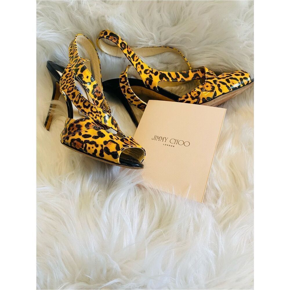 🛍️ Jimmy Choo Authentic Leopard Print Patent Leather Slingback Sandals w/Box & B